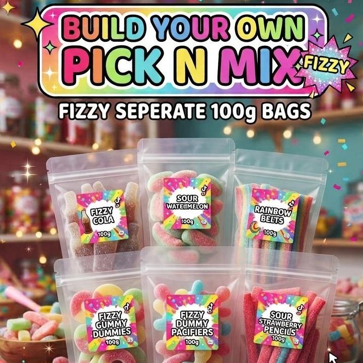 Build Your Own American-style Pick N Mix 100g bags filled with colourful sweets