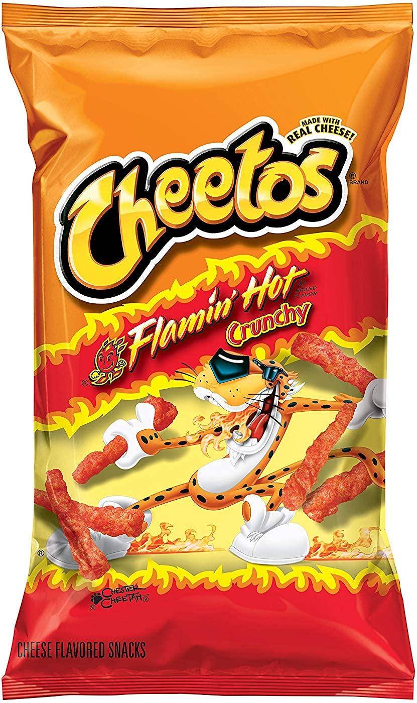 Bag of Cheetos Flaming Hot 226.8g imported from the USA, the iconic fiery cheese crisps snack topping our spiciest American snacks UK ranking
