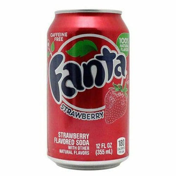 Can of Fanta Strawberry 355ml USA import soda, bright pink strawberry-flavoured fizzy drink not sold in UK shops