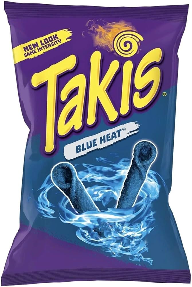Neon-blue bag of Takis Blue Heat rolled tortilla chips, a genuine Mexican import spicy snack
