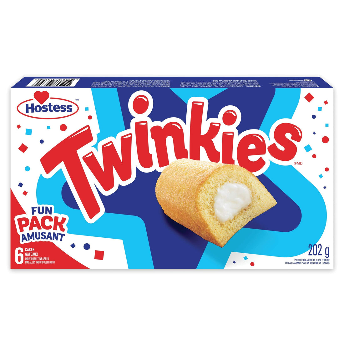 Box of genuine American Hostess Twinkies golden sponge snack cakes with creamy filling