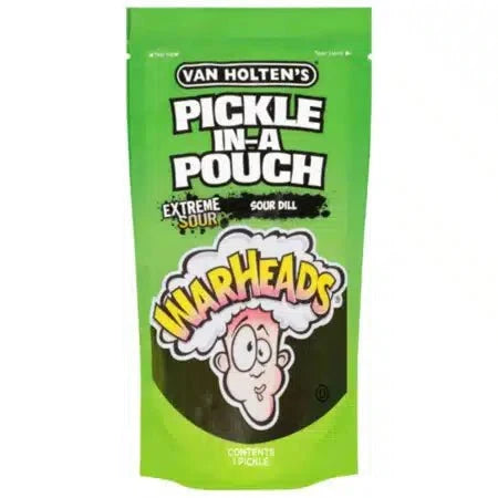 Van Holten's Pickle in a Pouch soaked in Warheads Extreme Sour brine, the wildest sour snack import from the USA