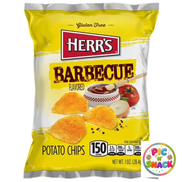 Bag of Herr's Barbecue Crisps USA, a smoky American potato chip flavour back in stock at PIC N SNACK