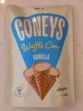A package of Coneys Vanilla Waffle Cone ice cream cones, featuring a blue and white label with an illustration of a waffle cone, on a light marble surface.