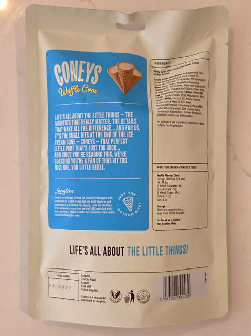 Back of a Cone's Waffle Cone pouch on a light marble-like surface, showing printed text, a blue label panel, and a barcode.